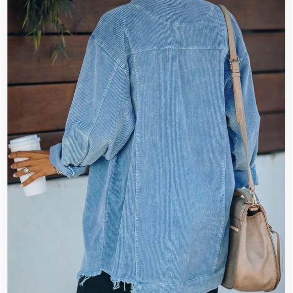 Women's Retro Distressed Corduroy Shacket Jacket Oversized Midi-Long Fringe - Picture 5 of 5